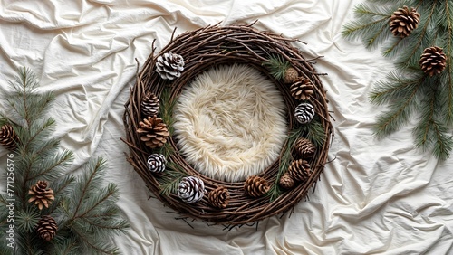 A grapevine wreath is surrounded by pinecones and greenery photo