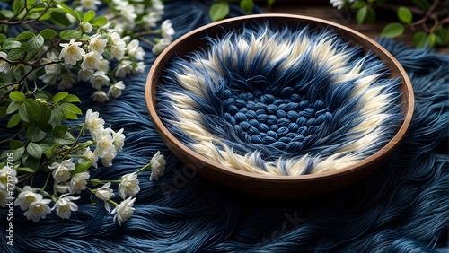 A wooden bowl with a blue blanket in it, surrounded by pine branches photo