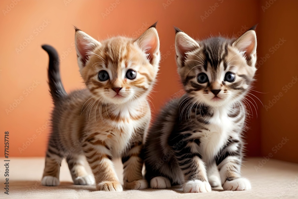 Two Kittens on Wooden Floor, Looking Up. orange backdrop. inocent kittens. generative ai