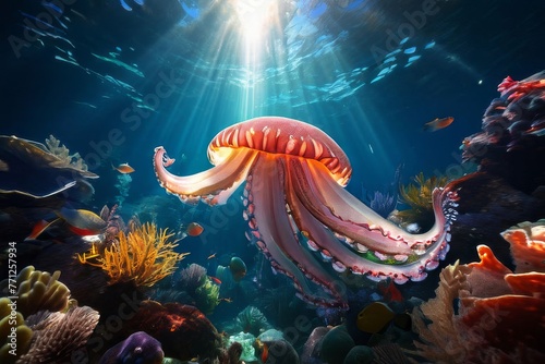 Breathtaking underwater scene., jelly fish photo