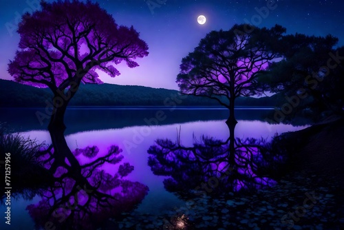 The clear waters of the lake mirror the enchanting beauty of a solitary purple tree under a starry, moonlit night. © Raimi