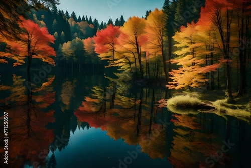 A breathtaking view of a tranquil lake surrounded by a dense forest, the water reflecting the vibrant hues of the overhanging maple leaves