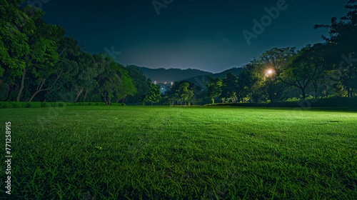 Grassy Field at Night With Distant Street Light © BrandwayArt