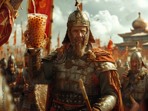 An AngloSaxon warrior marks each victory not with a notch on his sword, but with a cup of bubble tea, savoring the sweet taste of triumph , cinematic