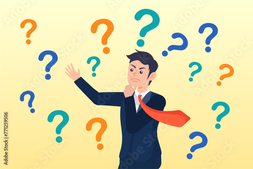 Contemplation businessman thinking with question marks, ask questions, FAQ, problem or curiosity, doubt and confusion to be answer, challenge and uncertainty, unknown information or solution (Vector)