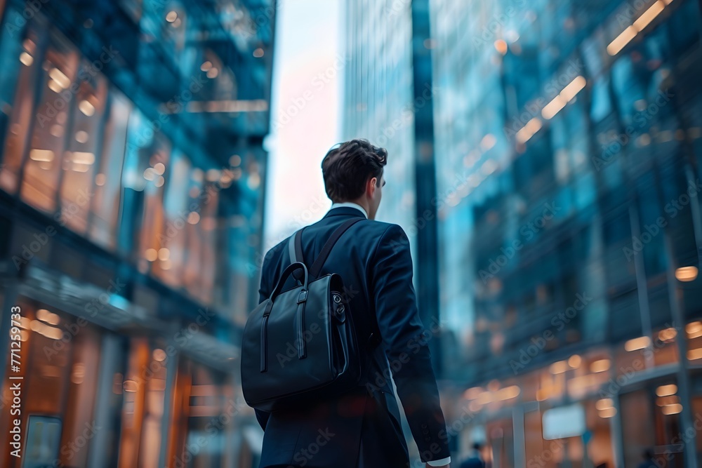 Businessman in Suit Walks Away from Modern Office Building in City Businessman in Suit Walks Away from Modern Office Building in City