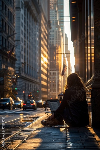 In the heart of the financial district, a businesswoman unfurls a solarpowered laptop, soaking up sunlight and insights , soft lighting