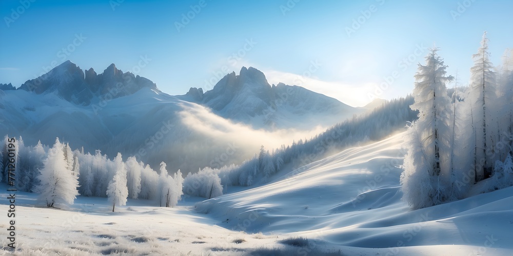 A frosted alpine forest, the morning light casting long shadows over untouched snow, glittering under a cerulean sky, generative AI A frosted alpine forest, the morning light casting long shadows over untouched snow, glittering under a cerulean sky, generative AI