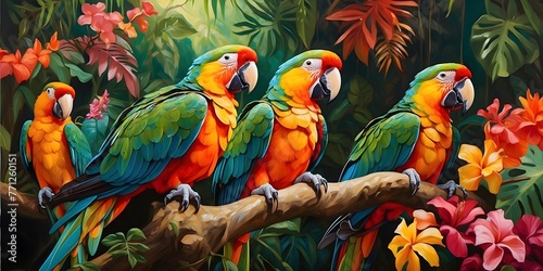 A flock of parrots erupting from a tropical jungle, a burst of color against the deep emerald canopy, generative AI