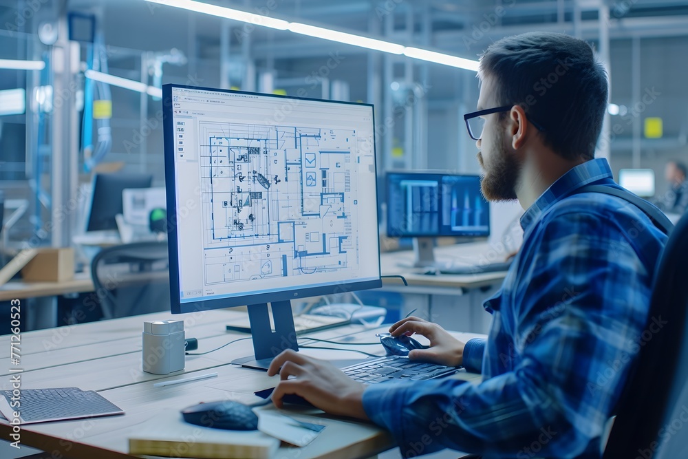 Professional Architect or Engineer Reviewing Digital Blueprint on Computer in Office Workspace