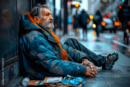 Homeless man on city street. Old sad man on cardboard in torn clothes hugging cat kitten seeking help, hungry poor person concept