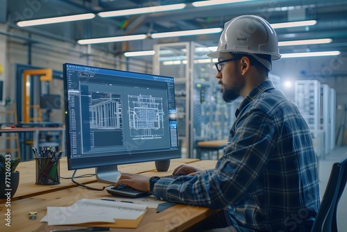 Professional Architect or Engineer Reviewing Digital Blueprint on Computer in Office