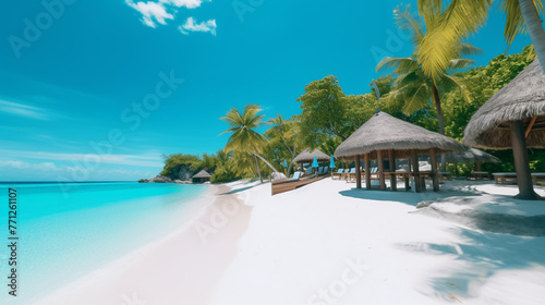 A 4K HDR pristine white-sand beach on a secluded island, with beachfront cabanas and clear blue skies.