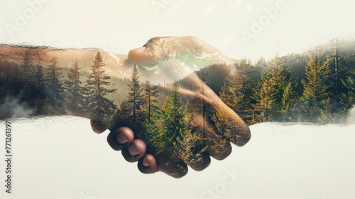 Handshake against the background of the forest. photo