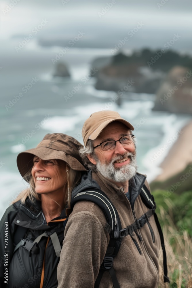 Fototapeta premium Elderly senior smiling active couple with backpacks enjoying hiking and walking along coastline near mountains and sea or ocean, active retirement lifestyle filled with outdoor adventures.