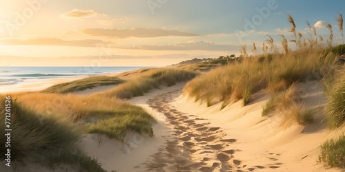Golden-hour light spilling over a sandy path to the beach, with seagrass dancing in the warm breeze, generative AI