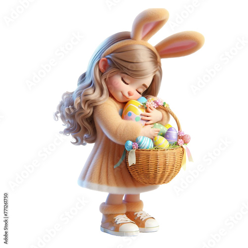 Little girl in a bunny costume hugs an Easter basket with chocolate eggs isolated on PNG background. Generative AI.