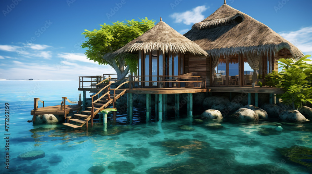 Fototapeta premium A 4K HDR private overwater bungalow at an exclusive island retreat, surrounded by turquoise lagoons and coral reefs.