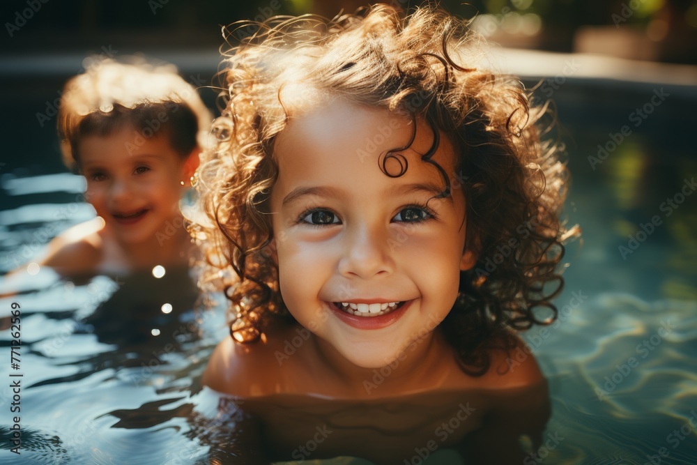 a lively young girls immersed in the playful atmosphere of a colorful water park on a sunny summer day