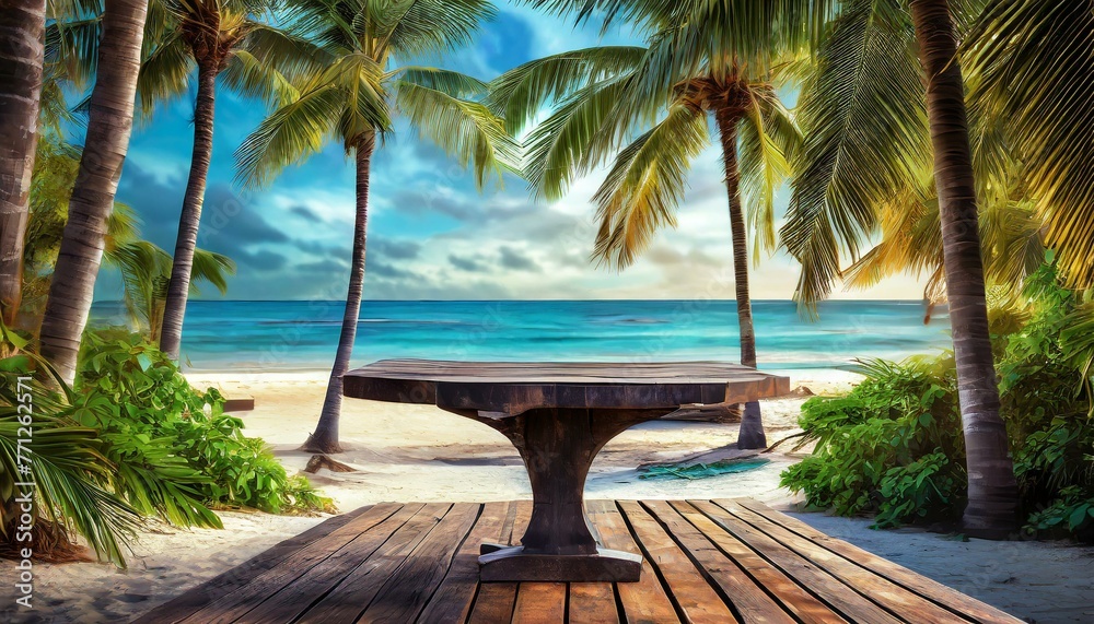 midst palm trees  a with trees An empty dark wooden table nestled amidst palm trees on tropical beach,  golden hour light