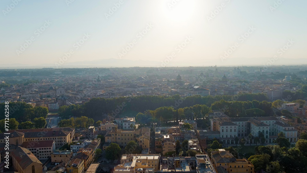 Rome, Italy. Flight over the city. Panorama of the city in the morning. Backlight. Summer, Aerial View