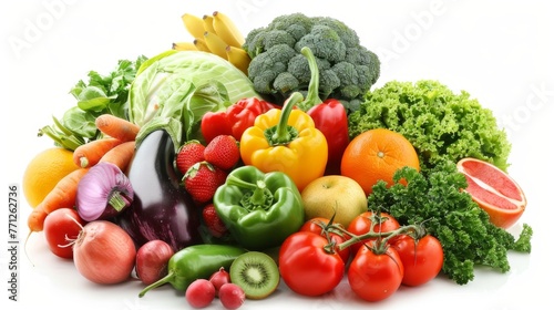 A diverse and colorful collection of fresh fruits and vegetables isolated on a white background  highlighting healthy food choices.