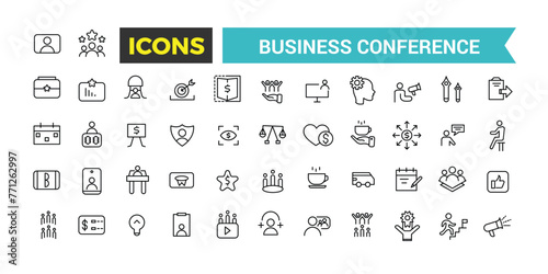 Business Conference Icon Set, Meeting Web Icon Set In Line Style, Conference, Brainstorm, Seminar, Interview, Collection, Vector Illustration