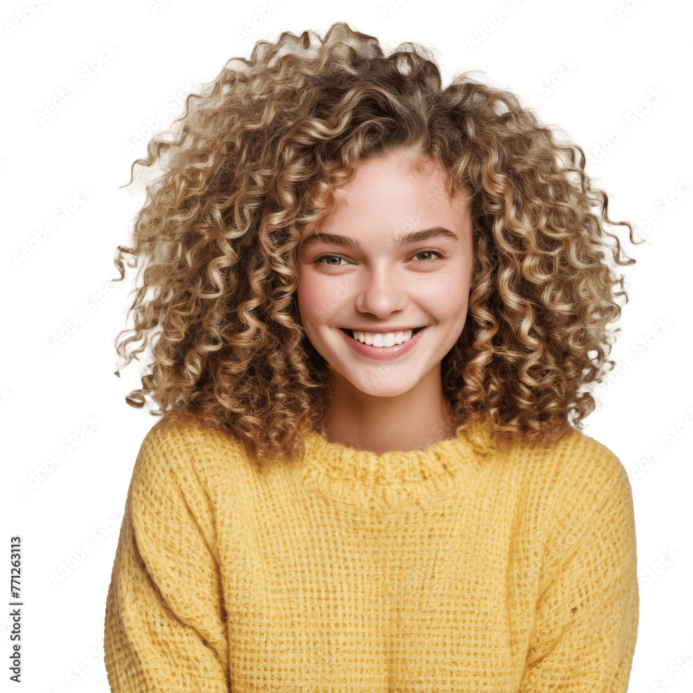 portrait of a smiling woman with curly hair wearing yellow sweater isolated on transparent background portrait of a smiling woman with curly hair wearing yellow sweater isolated on transparent background