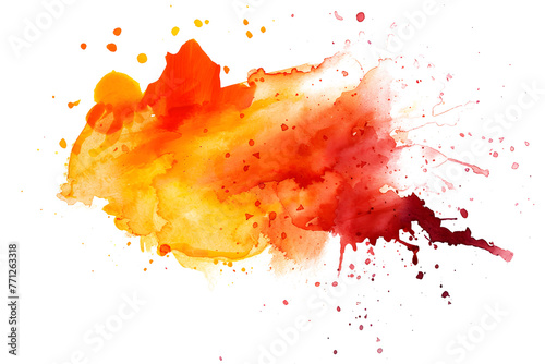 Orange and red spreading watercolor paint stain on white background. 