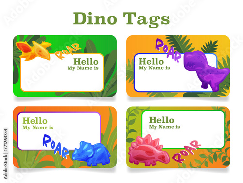 Name tag childish dinosaur card for name surname design template set vector illustration