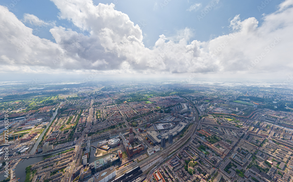 The Hague, Netherlands. Panorama of the summer city in clouds weather. HEAD OVER SHOT. Aerial view