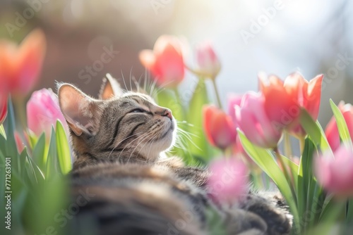funny cat enjoying the begining of the blooming spring photo