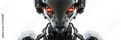 A white robot with glowing eyes and a red and yellow eyes. 