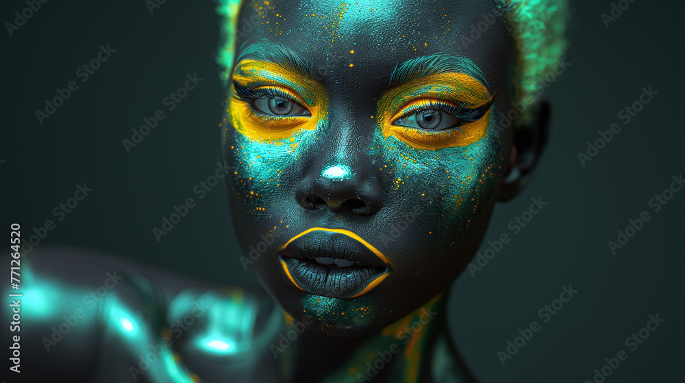 closeup of black woman with neon fluorescent paint, neon colors, creative portrait, tribal