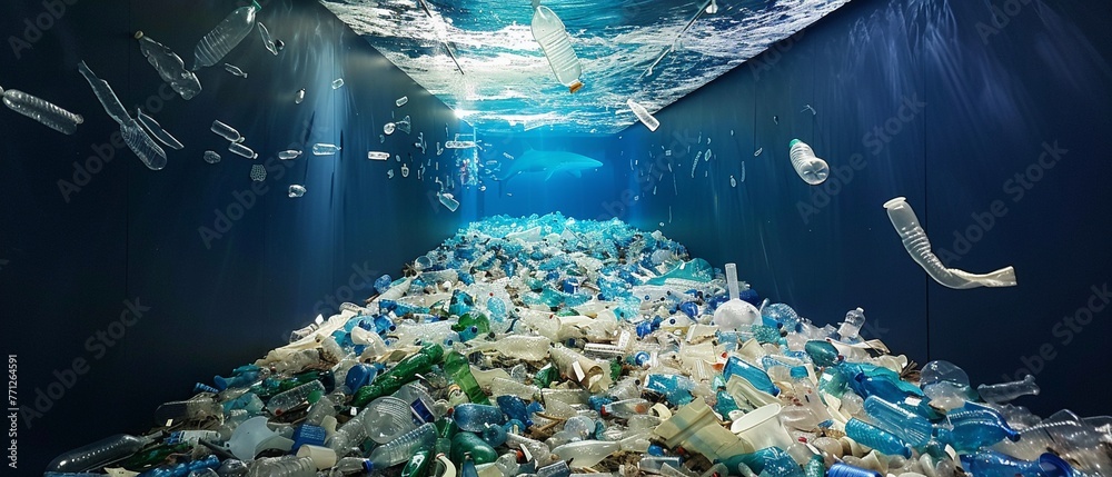 Ocean plastic art exhibit, impactful Earth Day message, gallery perspective, thoughtful mood - obrazy, fototapety, plakaty 