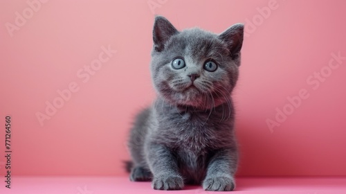 cute little british short hair kitten cat on a pink studio background photo