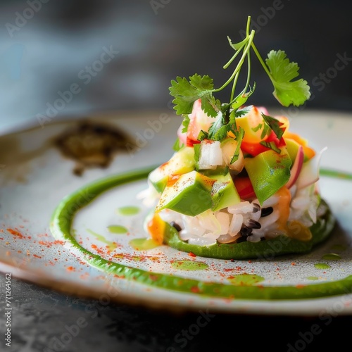 Elegant Ceviche Dish with Avocado Garnish photo