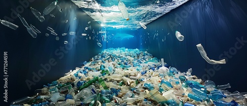 Ocean plastic art exhibit, impactful Earth Day message, gallery perspective, thoughtful mood photo