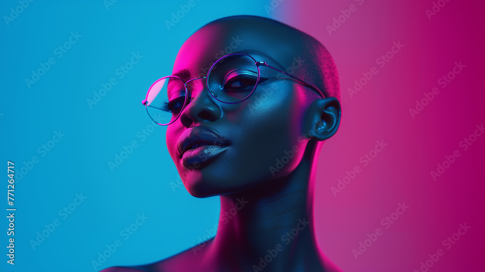 dual-color studio photography of bald black woman wearing glasses, against blue and pink background, fashion style dual-color studio photography of bald black woman wearing glasses, against blue and pink background, fashion style