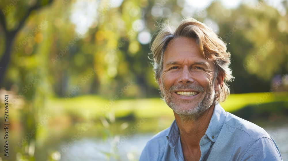 Blond hair caucasian man in his 50s who exudes happiness and a sense of feeling truly alive in a beautiful natural park near lake, genuine smile on his face, relaxed and confident male who found joy Blond hair caucasian man in his 50s who exudes happiness and a sense of feeling truly alive in a beautiful natural park near lake, genuine smile on his face, relaxed and confident male who found joy