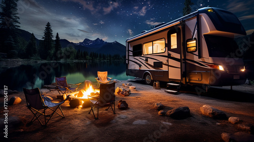 A 4K HDR upscale RV parked in a picturesque campground, with a campfire, comfortable chairs, and a starry night sky above.