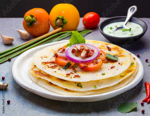 uthappam or uttapam is a type of dosa from south india which is thicker, with tomato, onion and chilli toppings photo