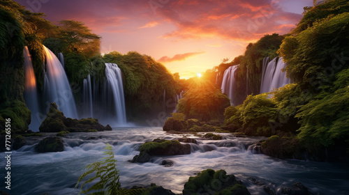 A breathtaking sunset over a cascading waterfall, surrounded by lush greenery, captured in 4K HDR. The image portrays a sense of wonder and natural beauty, perfect for a holiday escape into nature.