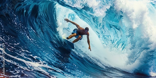 Surfer riding a big blue wave in the ocean © Vasili