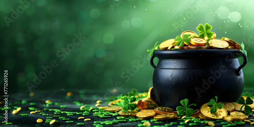 Black pot full of gold coins and shamrock leaves for st. patrick's day. Generative AI

