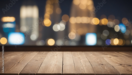 Empty wooden table with a background of out-of-focus city or Christmas lights colorful background