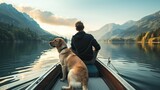 Man and dog in a canoe on a calm lake with mountains