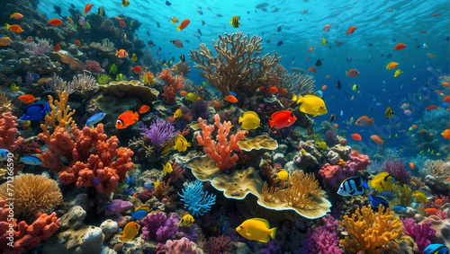 A coral reef with many colorful fish swimming around.