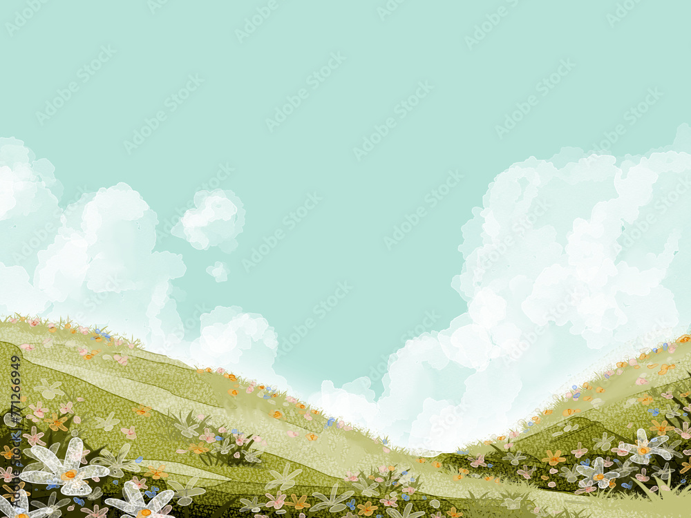 flowers field with blue sky in watercolor style background