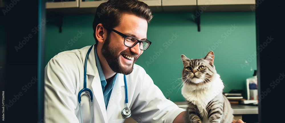 Veterinarian and cat. Attractive, positive graphic composition.